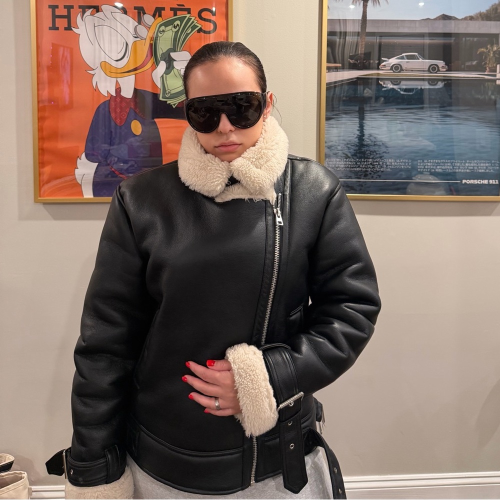 Topshop faux leather shearling aviator biker jacket in black